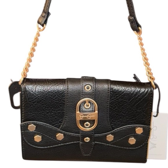 Jessica Simpson Black Leather Shoulder/Crossbody Bag with Gold Accents - Picture 1 of 3